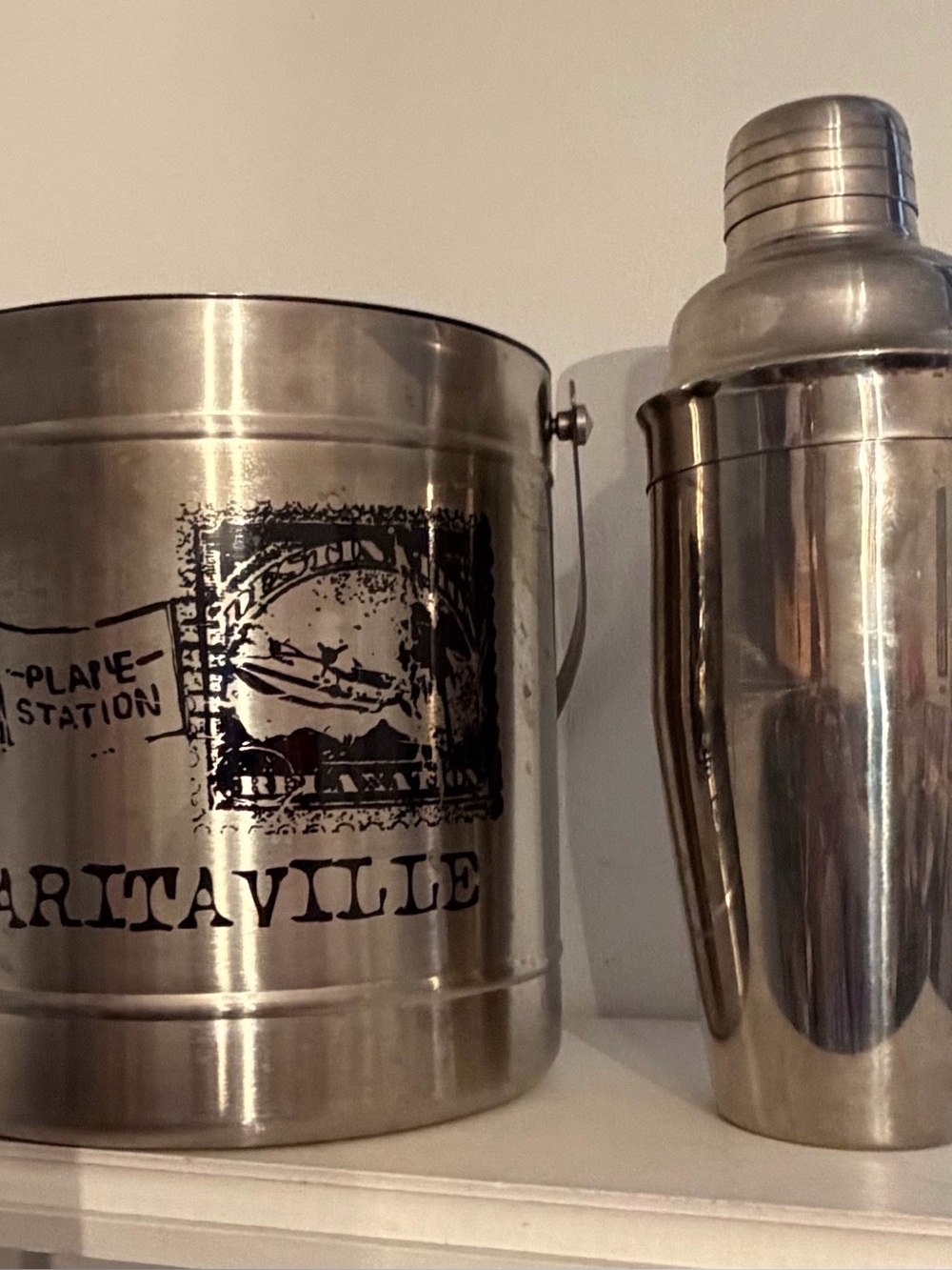 Margaritaville Stainless Steel Ice Bucket and a martini mixer